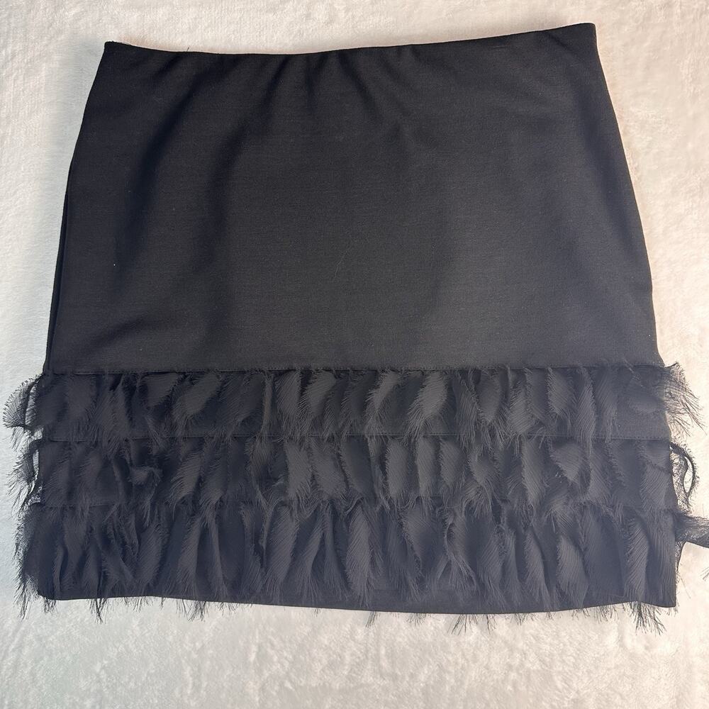 Ann Taylor Petite 8P Black Pencil Skirt Feather Fringe Hem Cocktail Party